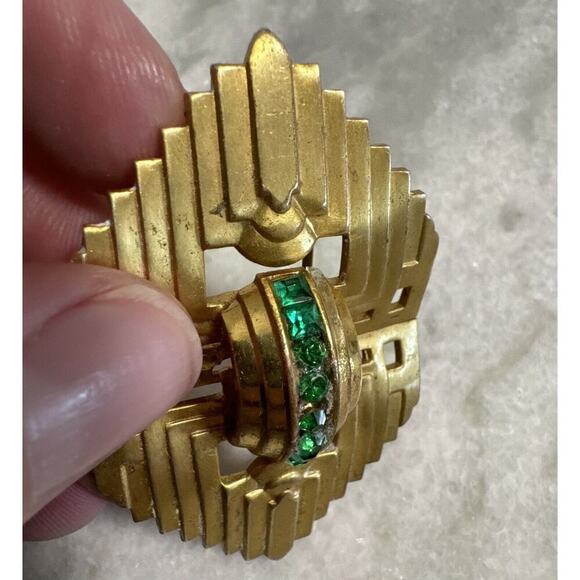 Vintage Early Coro Signed Art Deco Emerald Green Rhinestone Gold Tone Brooch - Picture 4 of 6